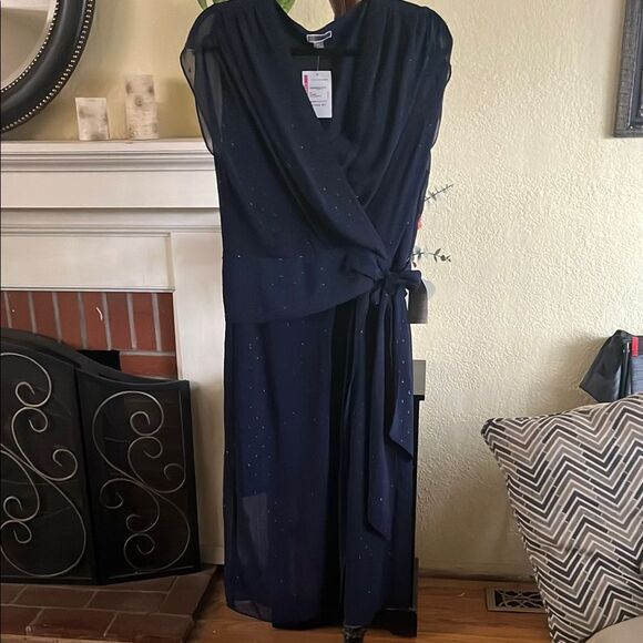 Elegant Navy Blue Faux Wrap Dress - Picture 1 of 3